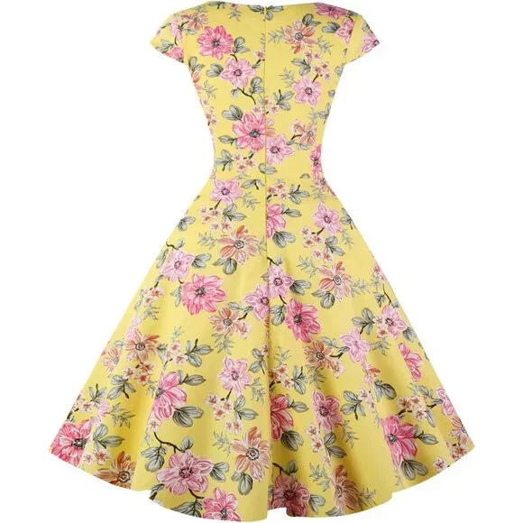 Women Yellow Cap Sleeve 1950s Retro Vintage Cocktail Swing Dresses with Pocket - Picture 2 of 3